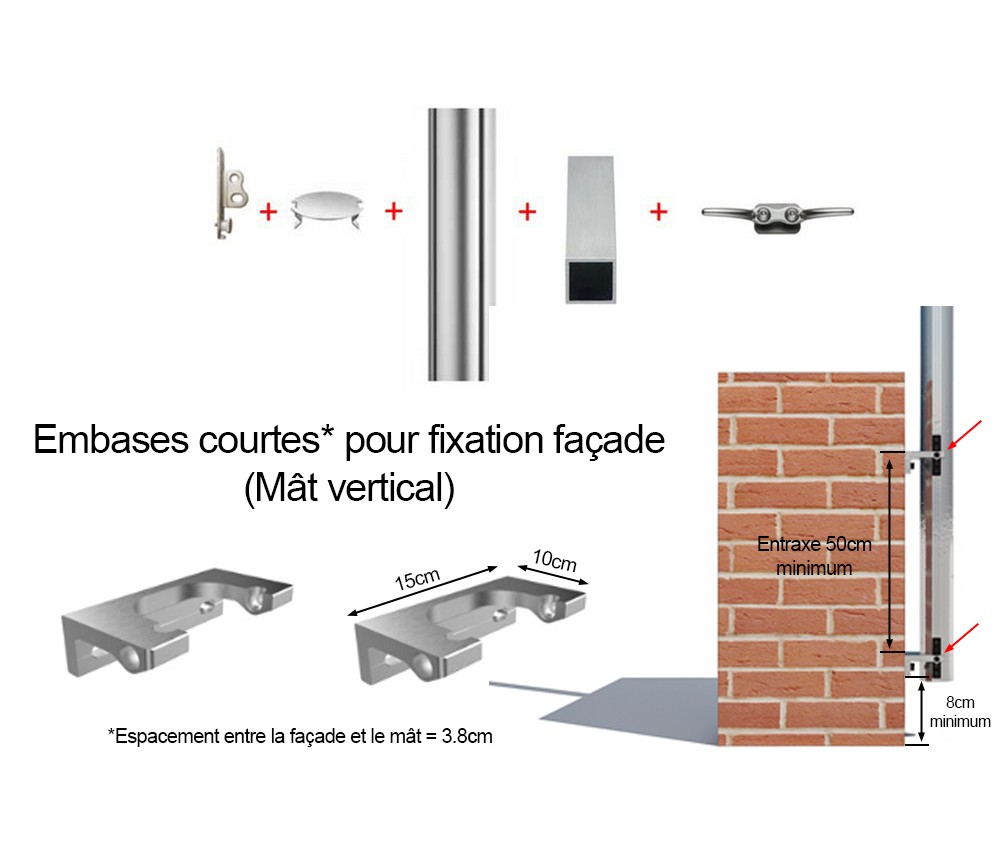 mât aluminium 2m60 avec emabse de fixation courte pour façade